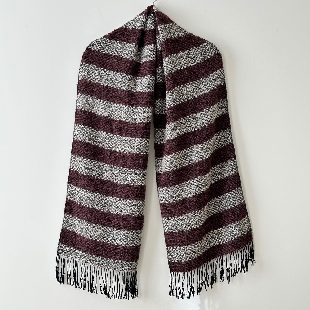 Purple Gray Fuzzy Boucle Wool Fringe Scarf